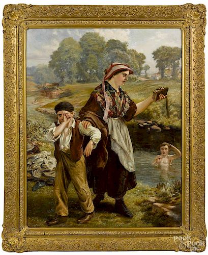 Continental oil on canvas, 19th c., depicting a mother catching her two boys playing hooky