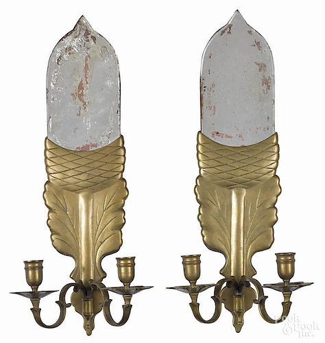 Pair of brass mirrored acorn-form sconces, early 20th c., 18 1/2'' h.