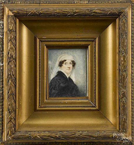 Miniature English watercolor portrait of a woman, mid 19th c., 4'' x 3''.