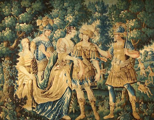 A 17TH C. BRUSSELS WOOL AND SILK MYTHOLOGICAL TAPESTRY