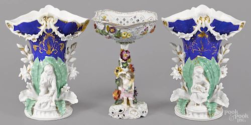 Dresden porcelain compote, 12 3/4'' h., together with a pair of spill vases, 13 1/2'' h.
