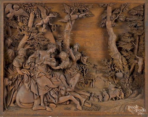 Italian carved mahogany plaque in high relief depicting The Rape of Europa