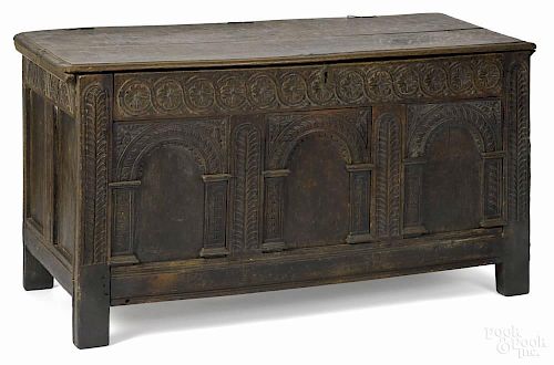 Jacobean carved oak blanket chest, late 17th c., 29 1/2'' h., 53'' w.