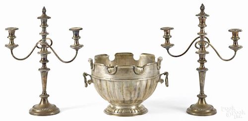 Mottahedeh silver plated monteith, 10'' h., 15'' w., together with a pair of plate candelabra, 19'' h