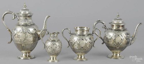 English silver plated tea service by Walker & Hall, late 19th c., coffee pot - 11'' h.