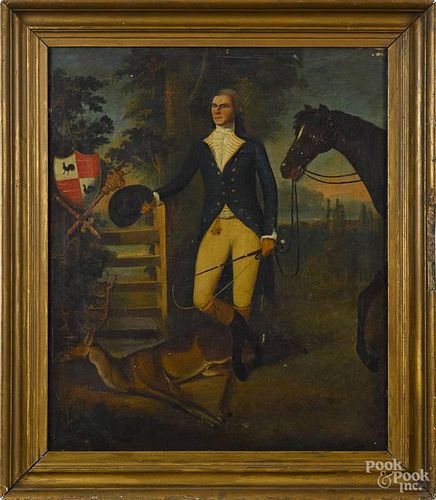 English oil on canvas portrait of a gentleman, his horse, and a stag, ca. 1800, 24'' x 20''.