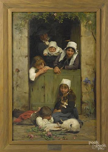 Adolf Echtler (German 1843-1914), oil on canvas of a family with a cat, signed lower left