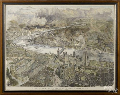 Color lithograph, titled Bird's Eye View of London as Seen from a Balloon 1884