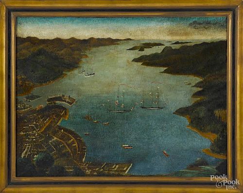 Oil on canvas harbor scene, early/mid 19th c., depicting a bustling port with European ships