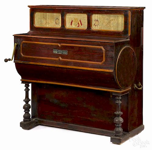 Spanish barrel organ by Jose Lopez, ca. 1900, with a faux rosewood grained case, 49 1/2'' h.