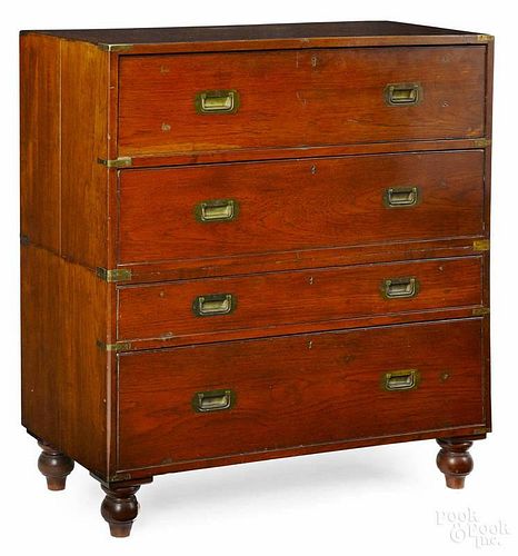 Brass bound camphorwood campaign chest, mid 19th c., the upper drawer with a butler's desk