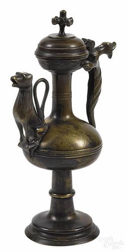 Continental Gothic style bronze ewer, probably late 19th c., with a dragon handle and lion spout