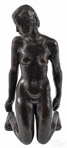 Patinated bronze of a kneeling nude, after Georg Kolbe, 20 1/4'' h.