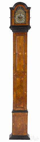 Dutch parquetry tall case clock, 18th c., with a thirty-hour movement