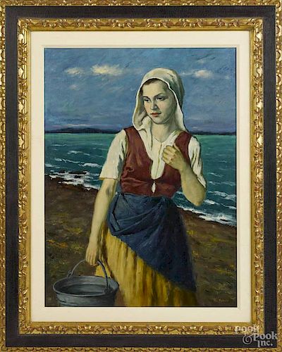 Rezes Molnar (Hungarian 20th c.), oil on canvas of a water carrier, signed lower right, 32'' x 24''.