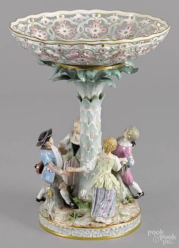 Meissen centerpiece bowl, late 19th c., with a reticulated basket and foliate column