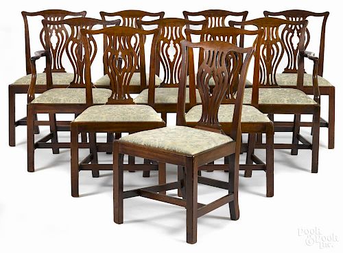 Set of ten George III mahogany dining chairs, to include two armchairs and eight side chairs.