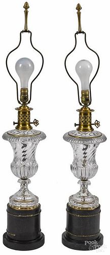 Pair of French crystal table lamps, probably Baccarat, 40'' h.