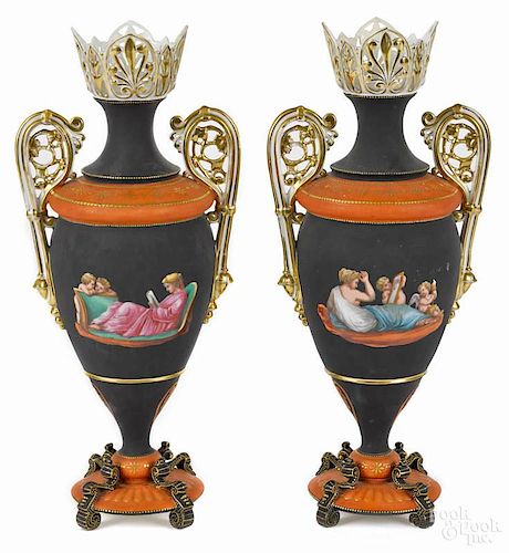 Pair of French Neoclassical painted porcelain urns, late 19th c., inscribed on base J. A. & Co.