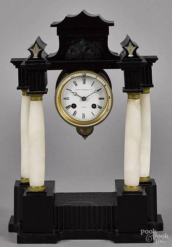 French faux marble and alabaster portico clock, late 19th c.