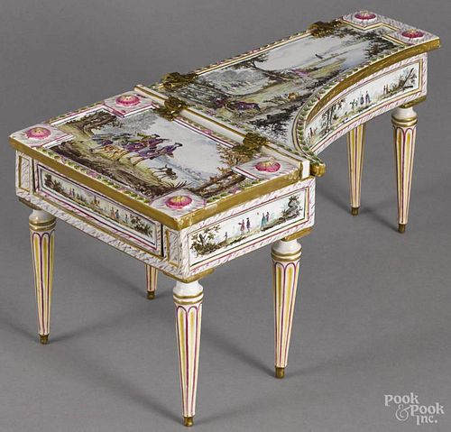 French porcelain piano-form dresser box, ca. 1900, decorated with hunting scenes, 6 3/4'' h.