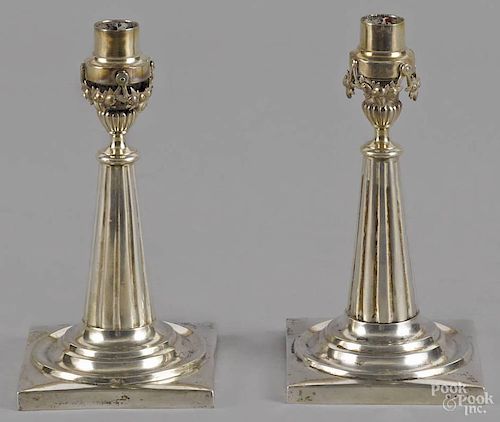 Pair of Continental silver candlesticks, late 19th c., 7'' h., 14.1 ozt.