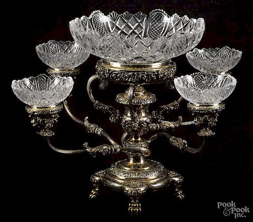 Empire style silver plated epergne, 19th c., with cut glass bowls, 15 1/2'' h.
