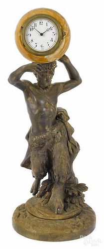 French bronze satyr desk clock, late 19th c., with a marble globe movement holder, 14 1/2'' h.