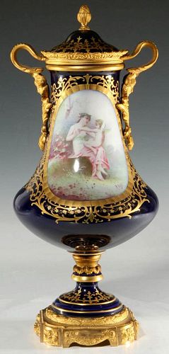 A CIRCA 1900 SEVRES TYPE COVERED VASE SIGNED R PETIT