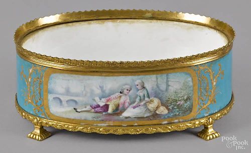 Sevres style painted porcelain bowl with ormolu mounts, 3 1/2'' h., 9'' dia.