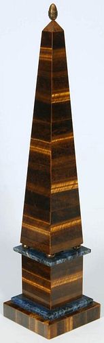 AN EARLY 20TH C. TIGER EYE MINERAL OBELISK WITH LAPIS