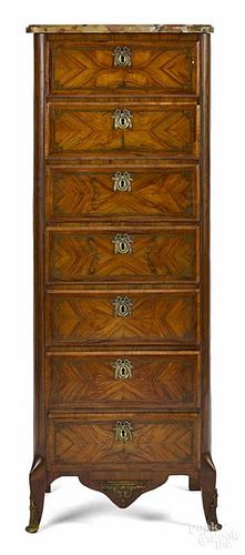 French marble top lingerie chest, ca. 1900, 54'' h., 18 1/2'' w.