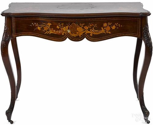 French marquetry inlaid mahogany game table, early 20th c., 30'' h., 38 1/2'' w.