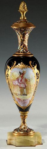 A CHAMPLEVE AND SEVRES-TYPE PORCELAIN VASE SIGNED BOST
