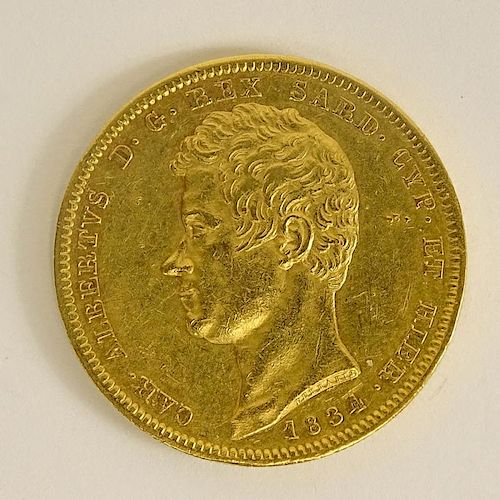 1834 Sardinian 100 Lire Gold Coin "CAR. ALBERTVS D. G. REX SARD. CYP. ET HIER".