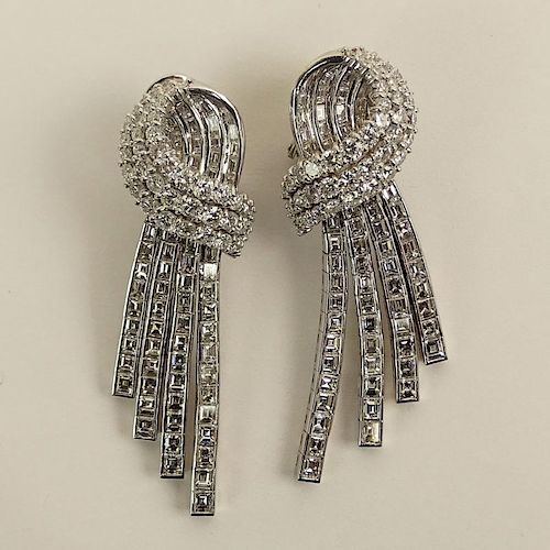 Lady's Very Fine Approx. 14.0 Carat Diamond and Platinum Earrings set with Round Brilliant and Baguette Cut Diamonds.