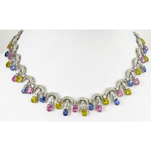 Spectacular 32.20 Carat Gem Quality Fancy Blue, Pink and Yellow Multi Color Sapphires and 7.00 Carat Round Brilliant Cut Colorless Diamond Lady's Neck