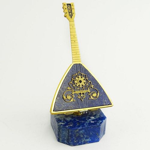 Russian 800 Gilt Silver and Lapis Lazuli Mandolin on Base. Signed 800 and Russian Hallmarks.