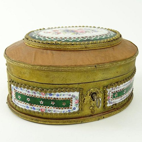 Antique French Cloth Covered Wood Trinket Box with Hand Painted Porcelain Plaques.