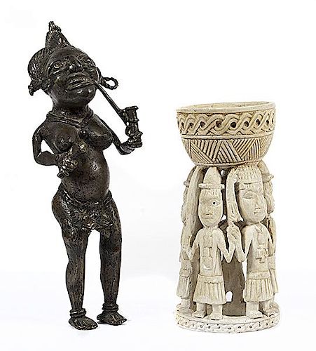 Cameroon Style Brass Figure, Plus Benin Style Plaster Cup 