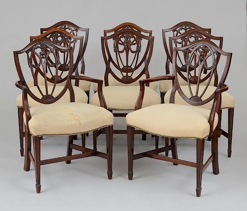SET OF EIGHT GEORGE III STYLE CARVED MAHOGANY DINING CHAIRS