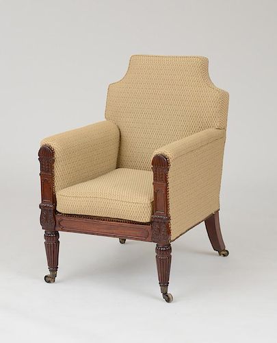 WILLIAM IV CARVED MAHOGANY LIBRARY ARMCHAIR