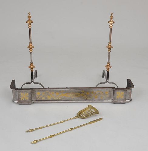 PAIR OF BAROQUE STYLE BRASS-MOUNTED STEEL ANDIRONS, A BRASS-INLAID STEEL FENDER, AND TWO BRASS TOOLS