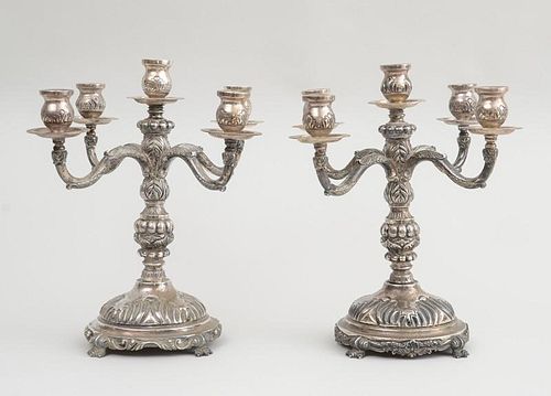 PAIR OF MEXICAN STERLING SILVER BAROQUE STYLE FIVE-LIGHT CANDELABRA