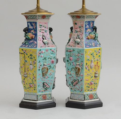 PAIR OF CHINESE FAMILLE ROSE PORCELAIN HEXAGONAL VASES, MOUNTED AS LAMPS