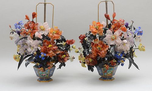 PAIR OF CHINESE CLOISONNÉ AND HARDSTONE FLORAL JARDINIÈRES, MOUNTED AS LAMPS