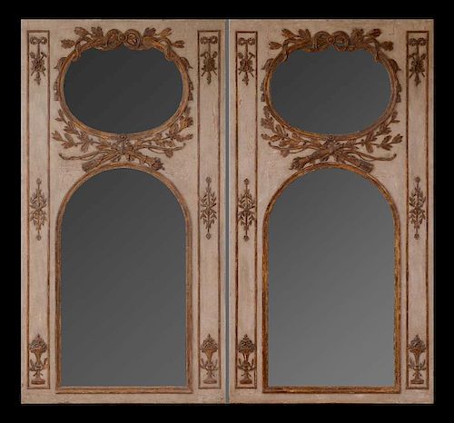 PAIR OF LOUIS XVI PAINTED AND PARCEL-GILT TRUMEAU MIRRORS