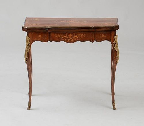 LOUIS XV STYLE GILT-BRONZE-MOUNTED ROSEWOOD AND FRUITWOOD MARQUETRY FOLD-OVER GAMES TABLE