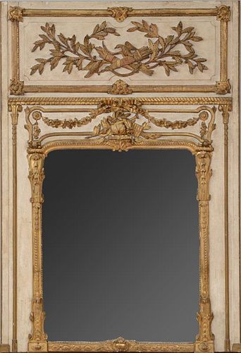 LOUIS XVI STYLE CREAM PAINTED AND PARCEL-GILT TRUMEAU MIRROR
