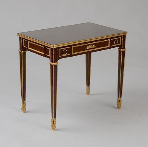 LOUIS XVI STYLE GILT-BRONZE-MOUNTED AMARANTH, SYCAMORE AND SATINWOOD TRELLIS PARQUETRY TABLE À ÉCRIRE